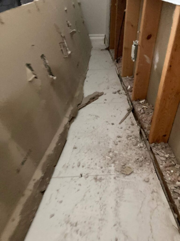 Wet drywall removed at the flood cut line after water damage in a Cape Coral, FL home